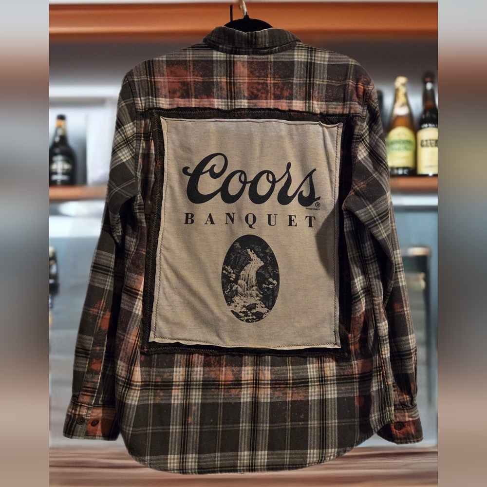 Upcycled COORS BANQUET BEER graphic Tshirt Distressed Plaid Flannel Shirt
